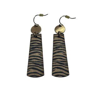 Handcrafted Wooden Earrings Zebra Print Drop Dangle Gold Discs Lightweight Boho